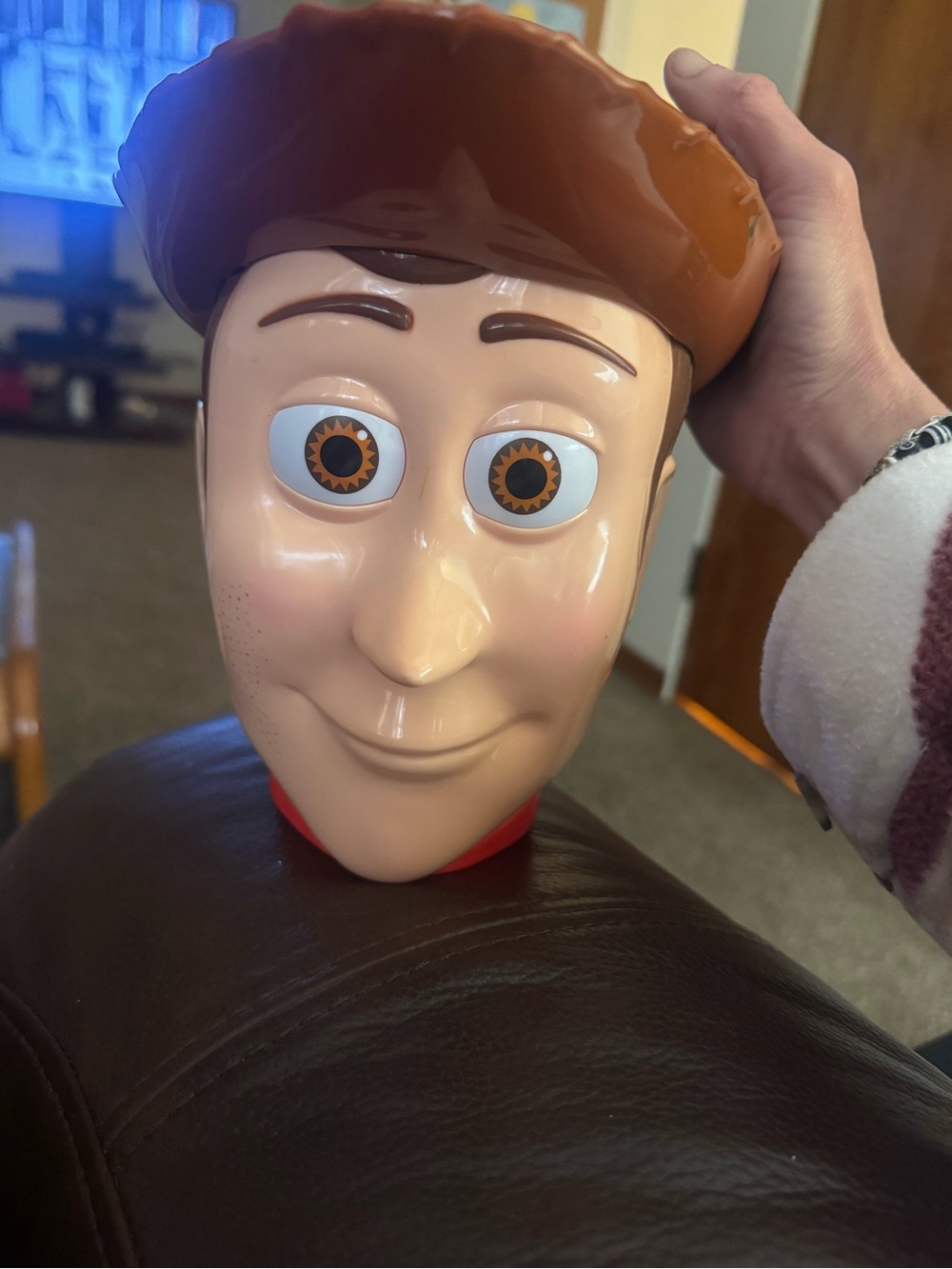 Large Brown-Haired Character Head bucket - Tan/Beige Face, Brown Hat Toy Story
